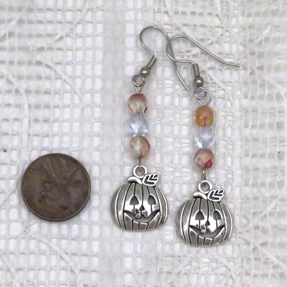 Handmade Silver Dangle Pumpkin Earrings for Halloween, Drop Earrings for Women - Picture 3 of 7